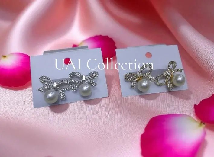 Bow Design Pearl Stud Earrings - Uai Collection