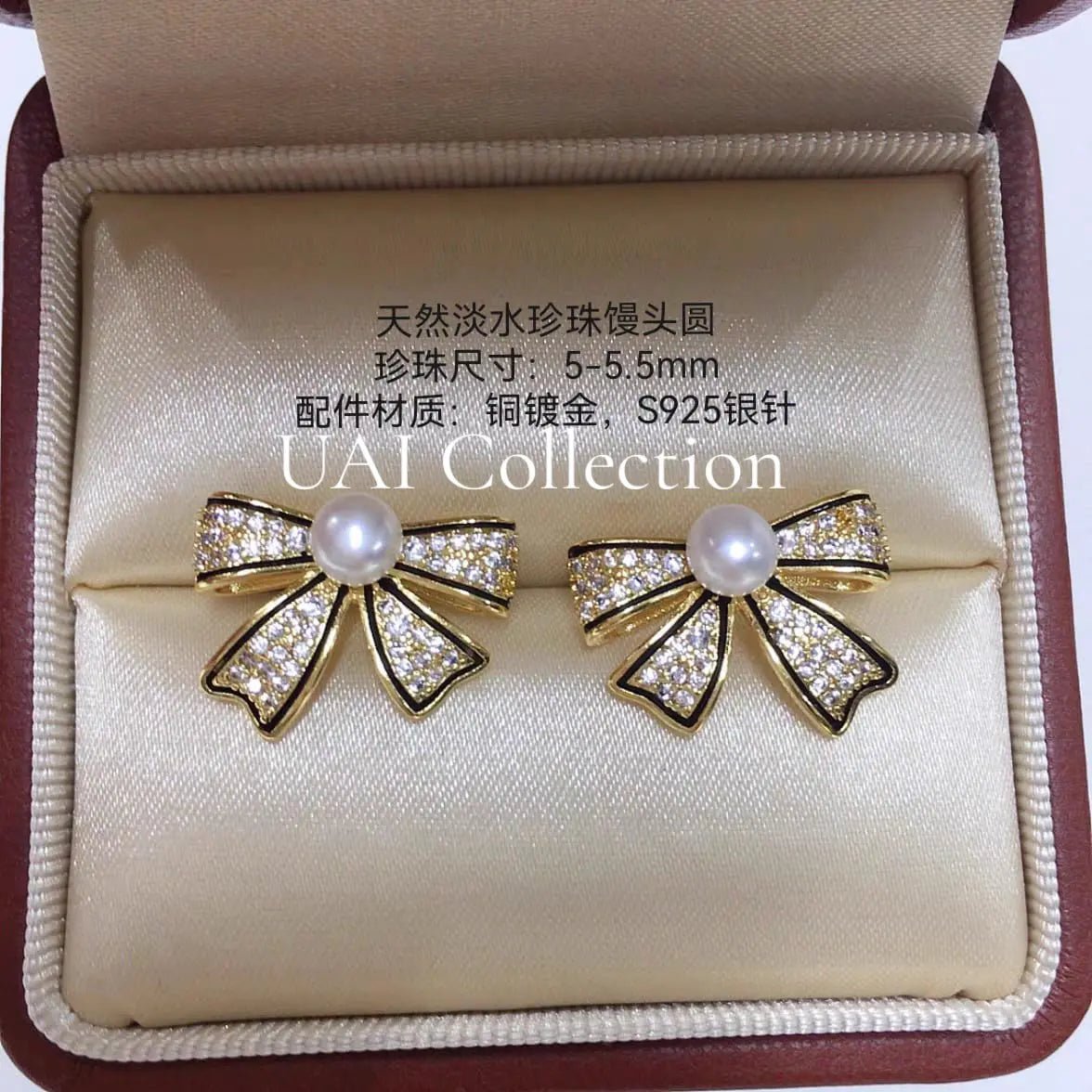Bow Design Pearl Stud Earrings - Uai Collection