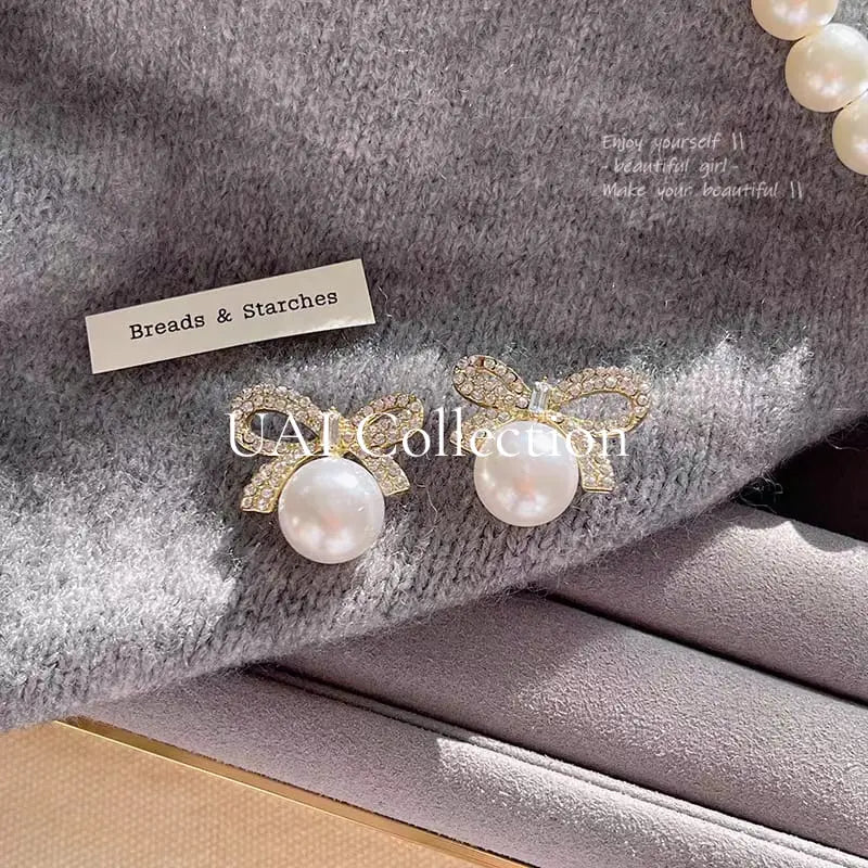 Bow Design Pearl Stud Earrings - Uai Collection
