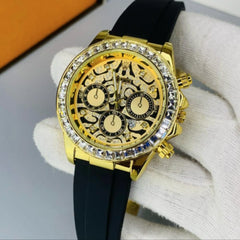 Luxury Daytona Golden Watch With Black Strap and Diamond Accents For Mens Watch