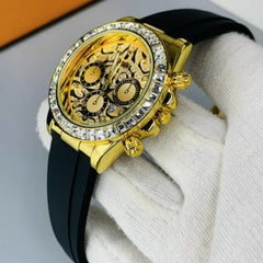Luxury Daytona Golden Watch With Black Strap and Diamond Accents For Mens Watch