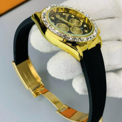 Luxury Daytona Golden Watch With Black Strap and Diamond Accents For Mens Watch
