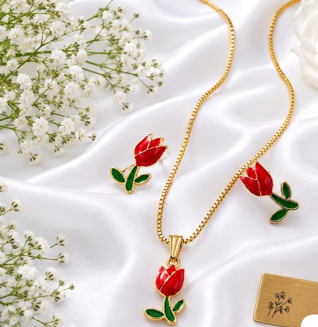 Tulip Flower Jewelry Set | Elegant Floral Pendant & Earrings Set alternate view
