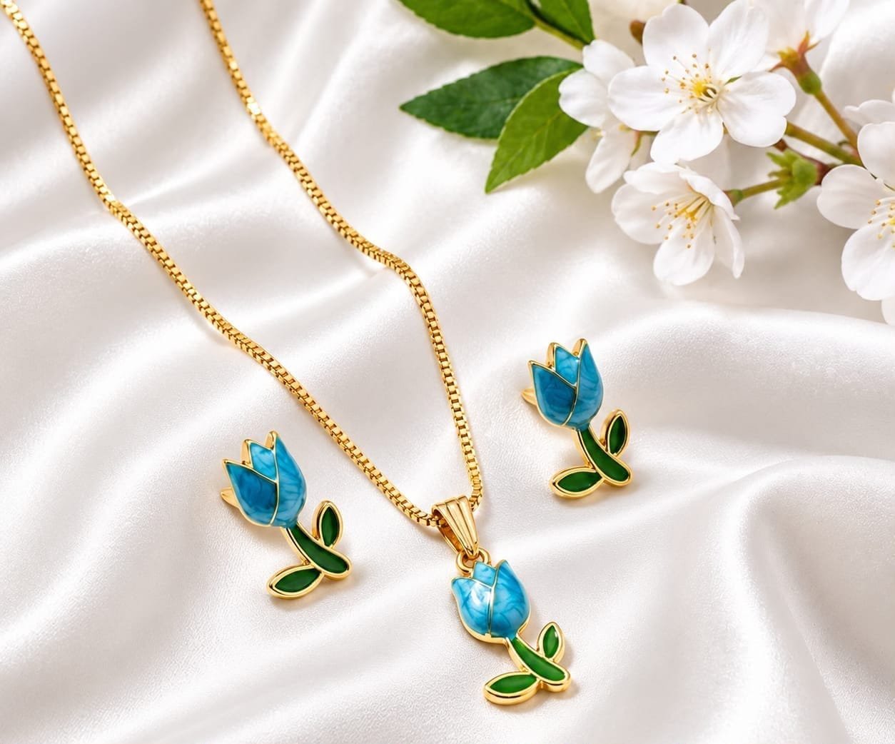 Tulip Flower Jewelry Set | Elegant Floral Pendant & Earrings Set - gallery image 1