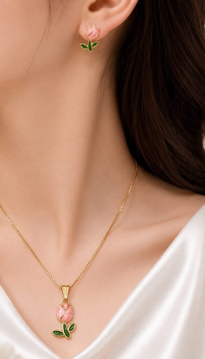 Tulip Flower Jewelry Set | Elegant Floral Pendant & Earrings Set